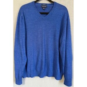 LANDS END Sweater Men Size XL Blue 100% Merino Wool V Neck Pullover Knit Classic
